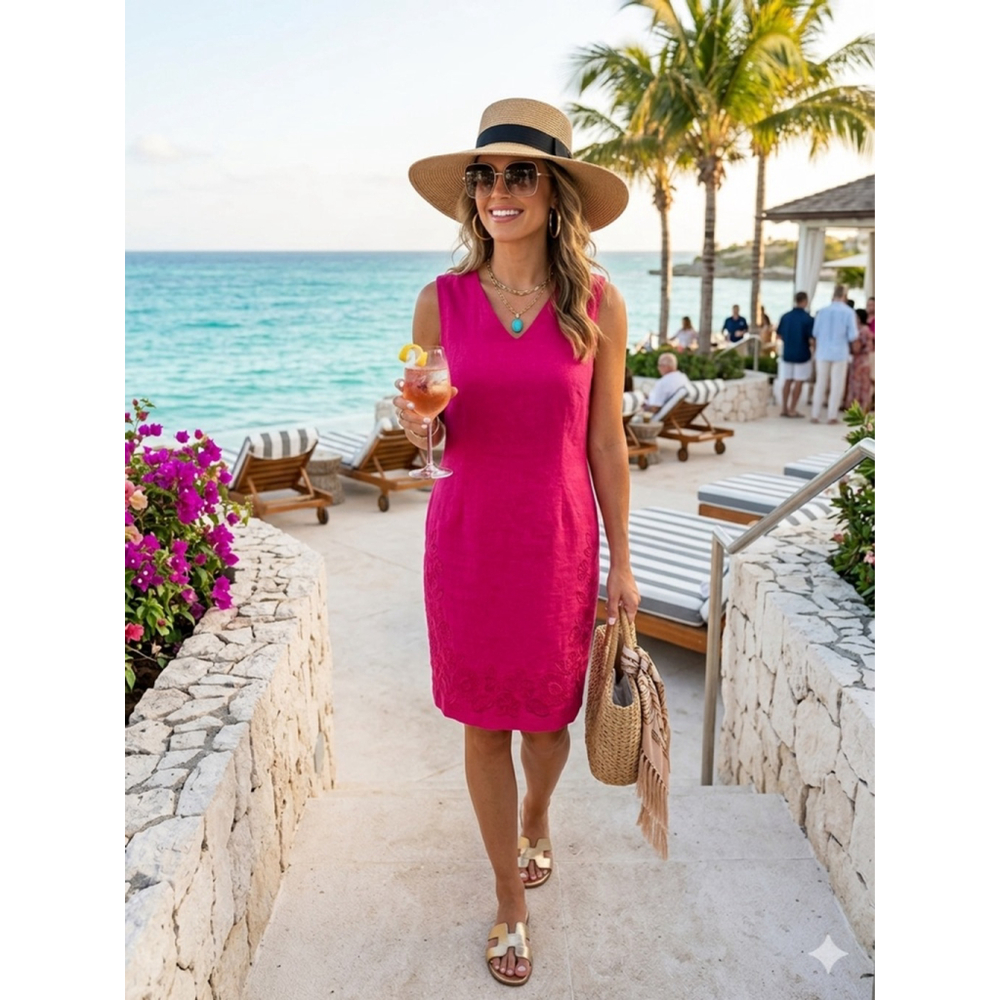 Plaza South Pink Linen Blend Embroidered V Neck Sheath Dress Size 10